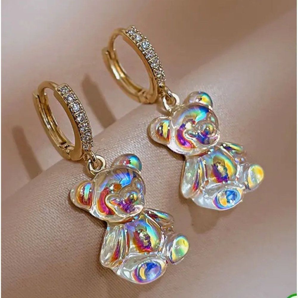 New! Adorable Aurora Borealis Gummy Bear Earrings with Jeweled Hoops!